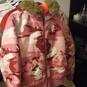 Women's Pink Camouflage Bomber Jacket with Fur Trim